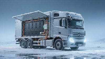 How do electric commercial trucks from Tier-1 manufacturers handle cold-weather battery derating below −25°C?