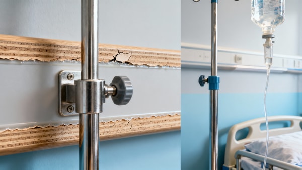 Hospital furniture laminates peeling near IV pole mounts—adhesive choice or thermal cycling?