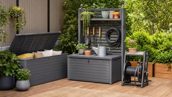 Outdoor garden supplies sell better when storage is part of the plan