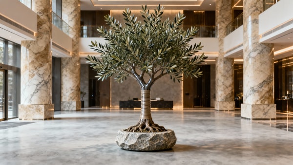 Indoor faux olive trees: Root ball weight variance that affects display stability