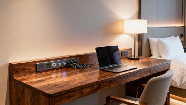 Hotel desks with built in power are now expected