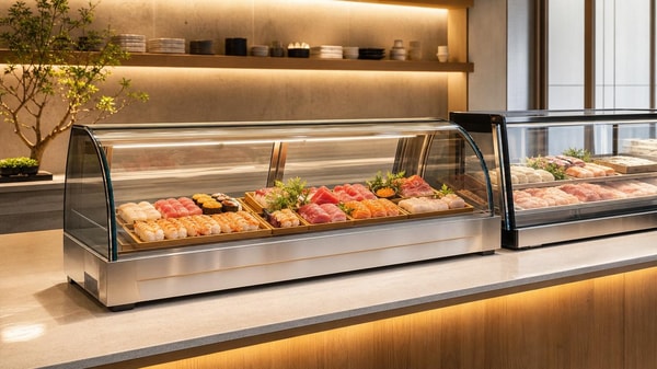 Sushi display cases: curved glass looks better, but is it practical?