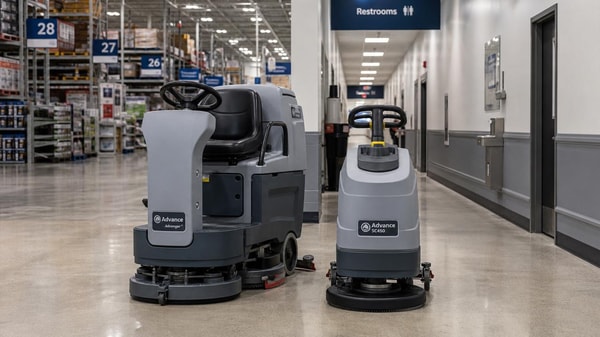 Commercial floor scrubbers: ride-on or walk-behind for large sites