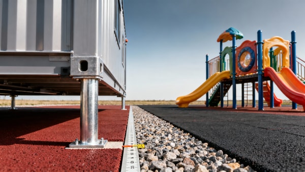 Playground safety compliance gaps in prefab guest village layouts—especially near modular cabins