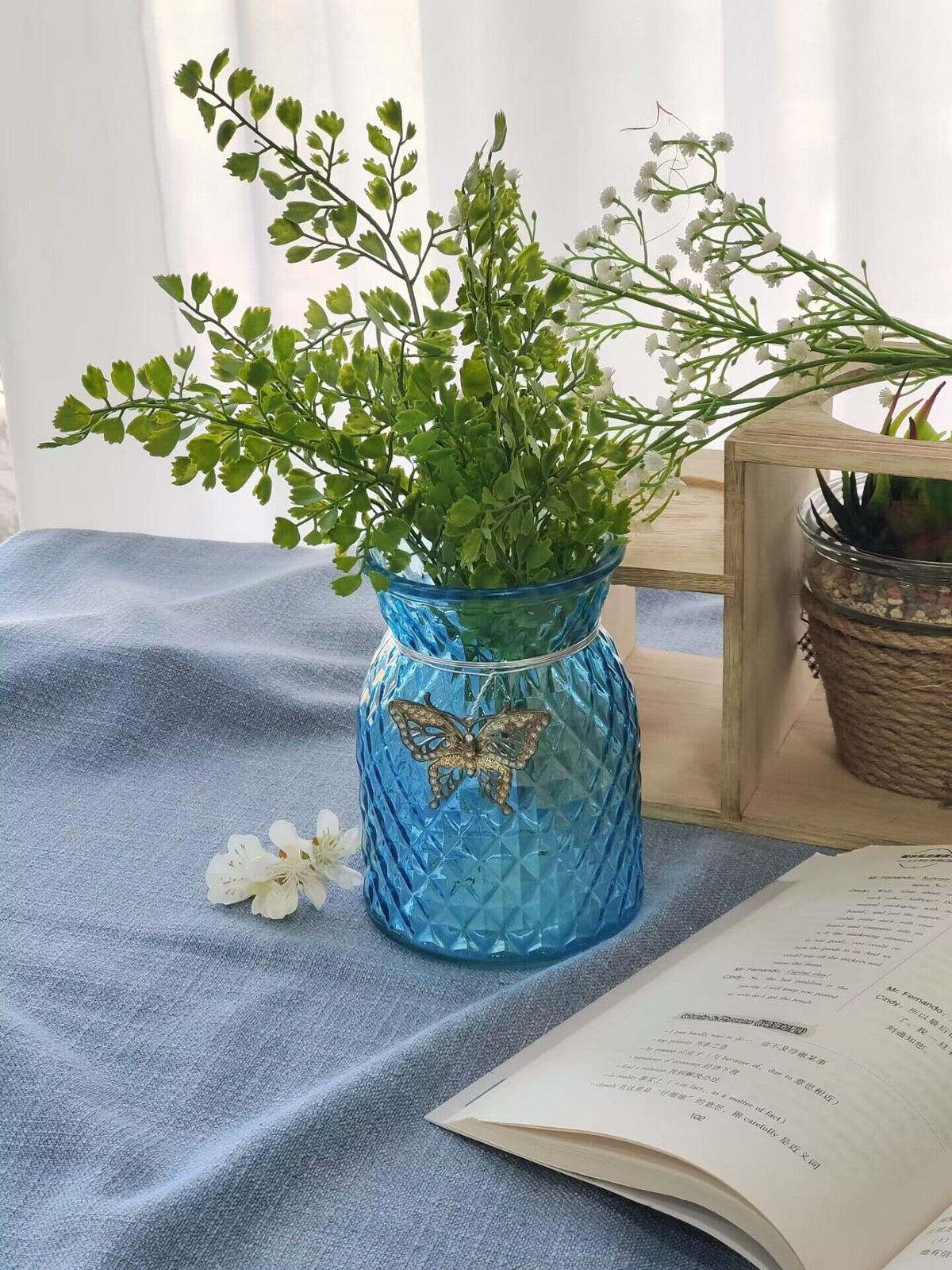 Modern Simple Style Blue Flower Glass Vases ,for Home Living Room Aand Office Tabletop Decor Or Gift