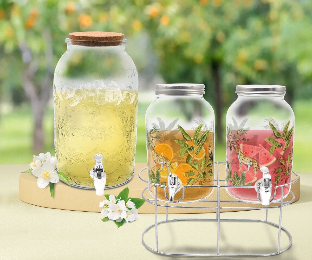 Glass Drink Dispenser, Mason Jar Drink Dispenser with Spigot, Tea, Juice, and Beverage Server , Thick Glass, Leak Resistant Easy-Pull Spigots