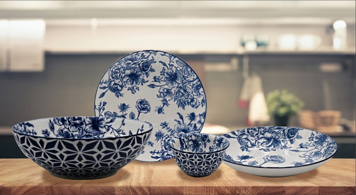 Gabriela Blue 13-Piece Dinnerware Dishes Set for Everyday Use, Service for 4, 13 Piece Plates and Bowls Sets, Dishwasher Safe, Outdoor Indoor Use
