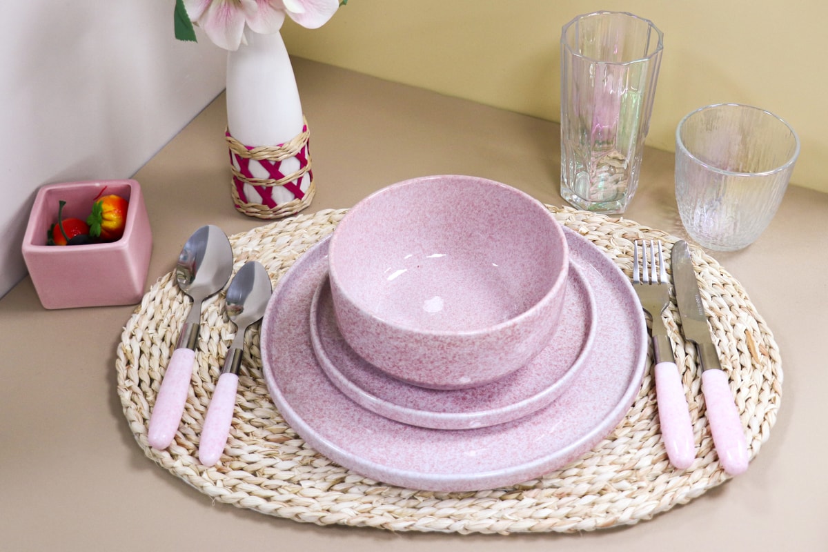 Pink Stoneware Dinnerware Set, Kiln Glaze Ceramic Tableware, Bowl/Plate