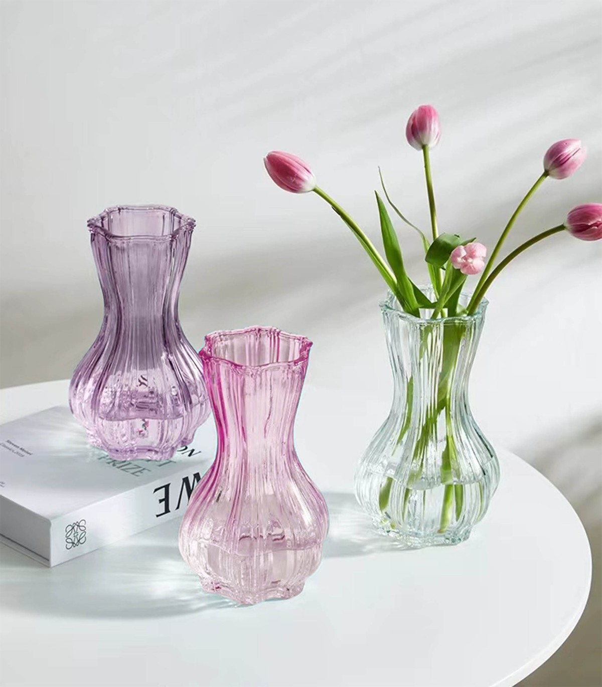 Ribbed Vase Decorative Glass Flower Vase for Floral Arrangements, Weddings, Home Decor or Office.
