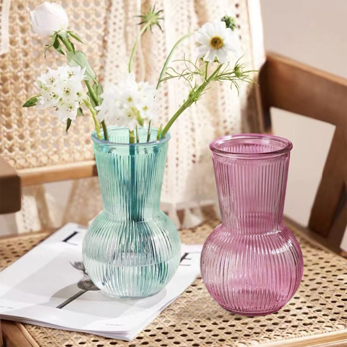 Ribbed Vase, Fluted Glass Vase, Flower Vase, Modern Vase for Centerpieces, Decorative Vase for Living Room, Dining Table, Entryway, Mantle, Shelf, Wedding, Office