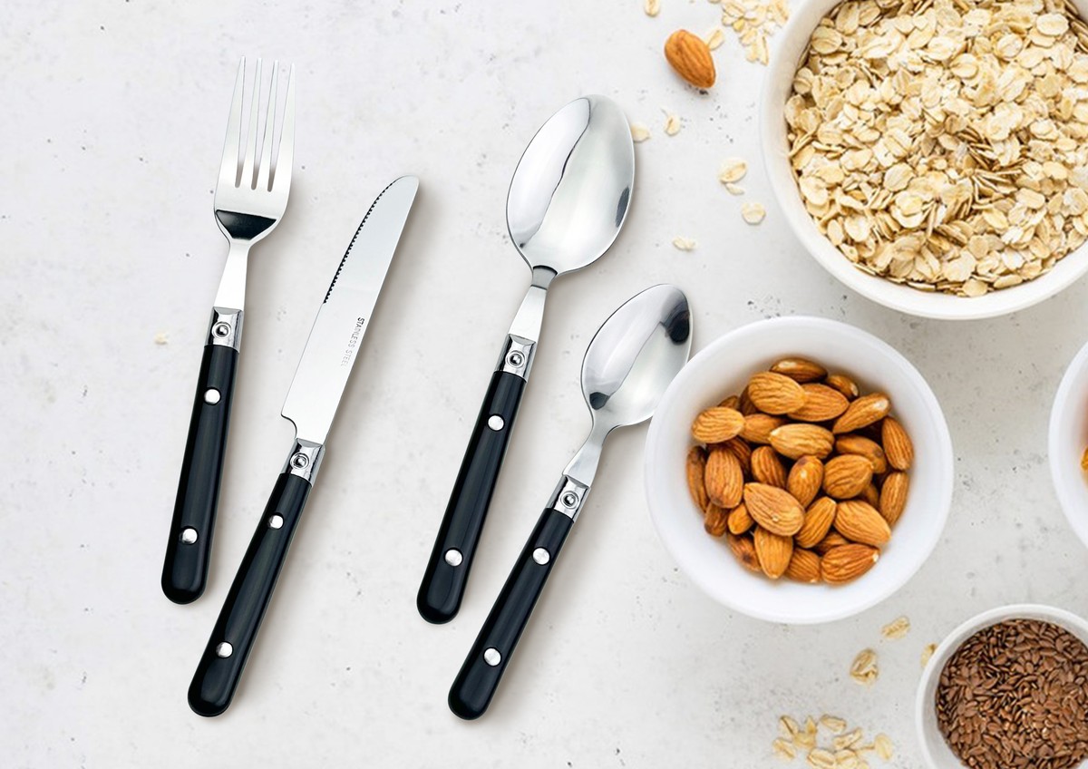 Stainless Steel Cutlery Black Handle With Rivet/Retro Flatware, Cutlery Set 16 pcs set,  24 pcs set , Dinner Knife, Dinner Fork, Salad fork, Dinner Spoon, Dessert Spoon