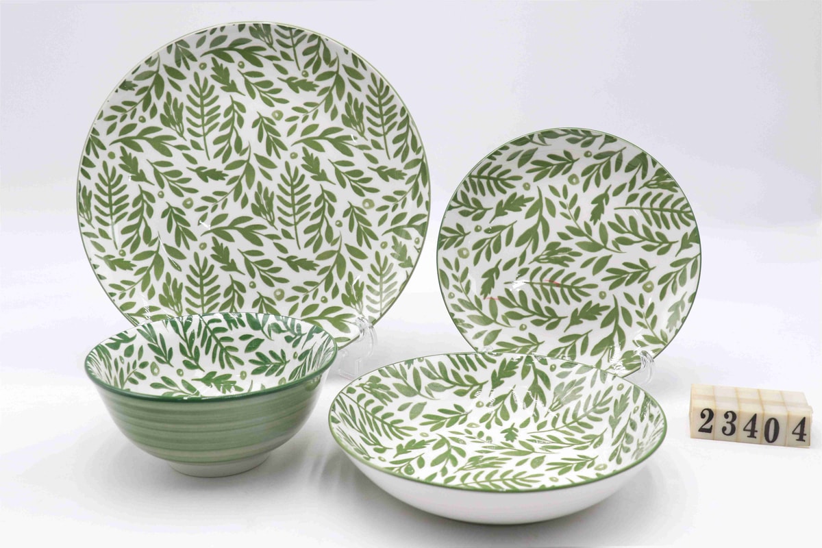 Natural Design Ceramic Dinnerware Set, White Porcelain with Leaves Pattern Tableware, Bowl/Plate