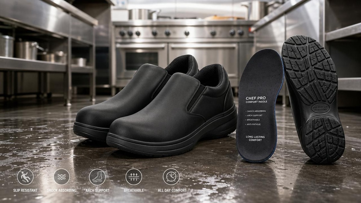 What makes non slip chef shoes comfortable for 12-hour shifts