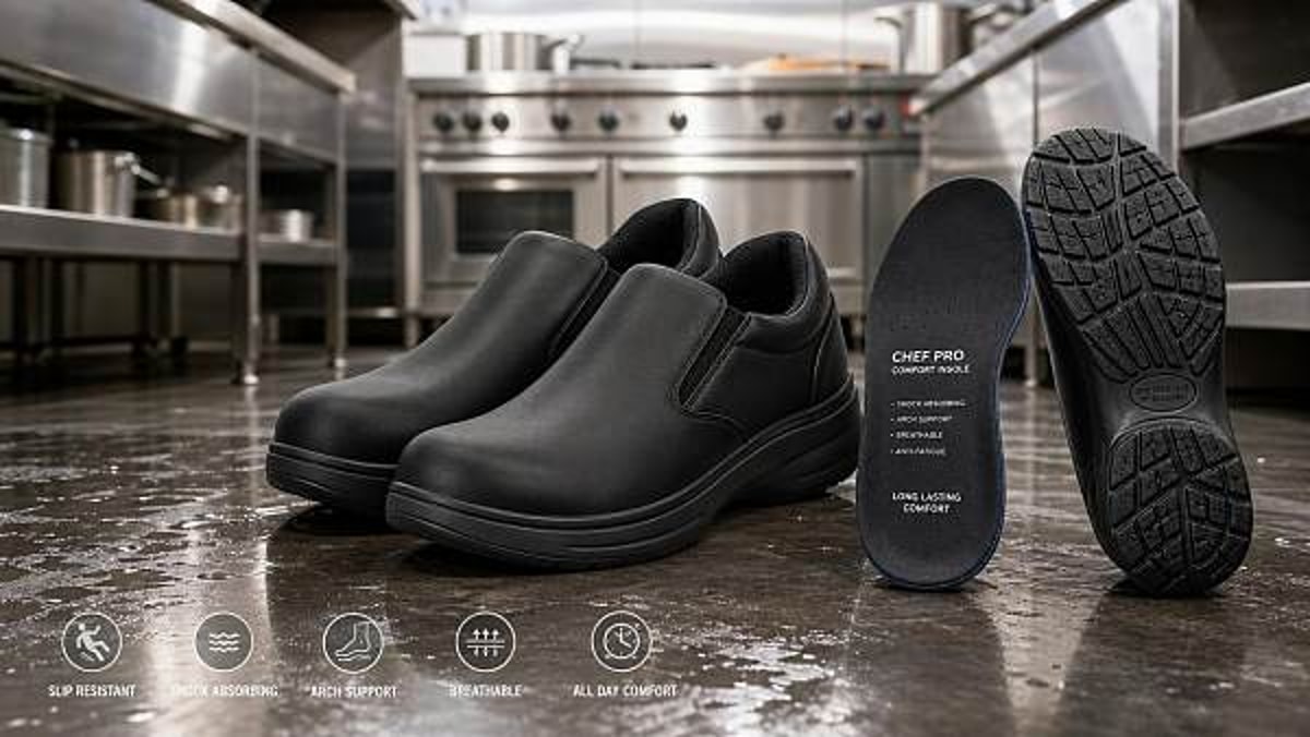 What makes non slip chef shoes comfortable for 12-hour shifts