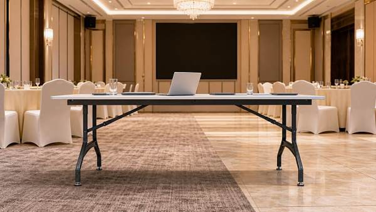 Folding event tables that stay stable on uneven banquet floors