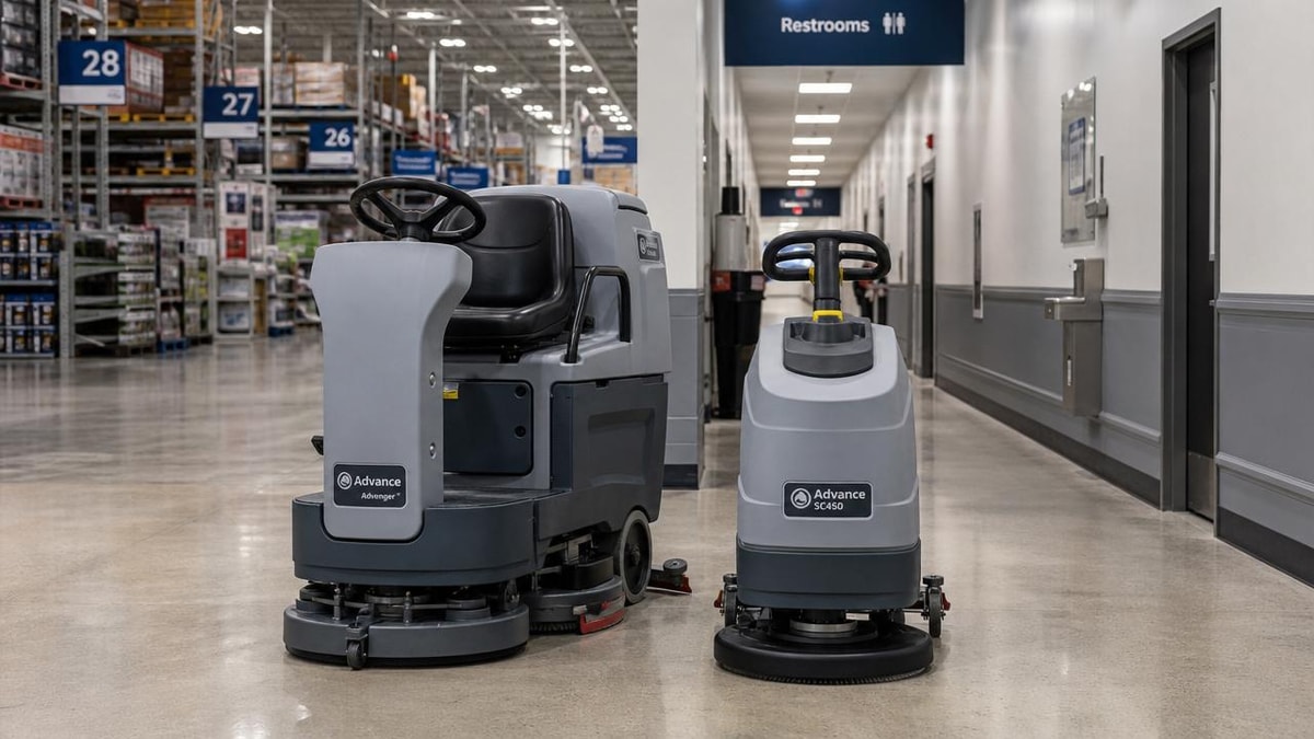 Commercial floor scrubbers: ride-on or walk-behind for large sites