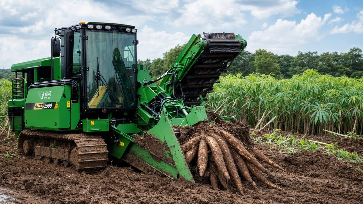 Cassava harvesting machines that reduce root damage in wet fields