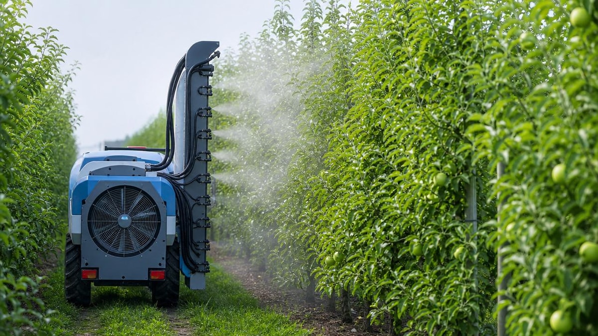 Orchard mist sprayers and drift control in high-density planting