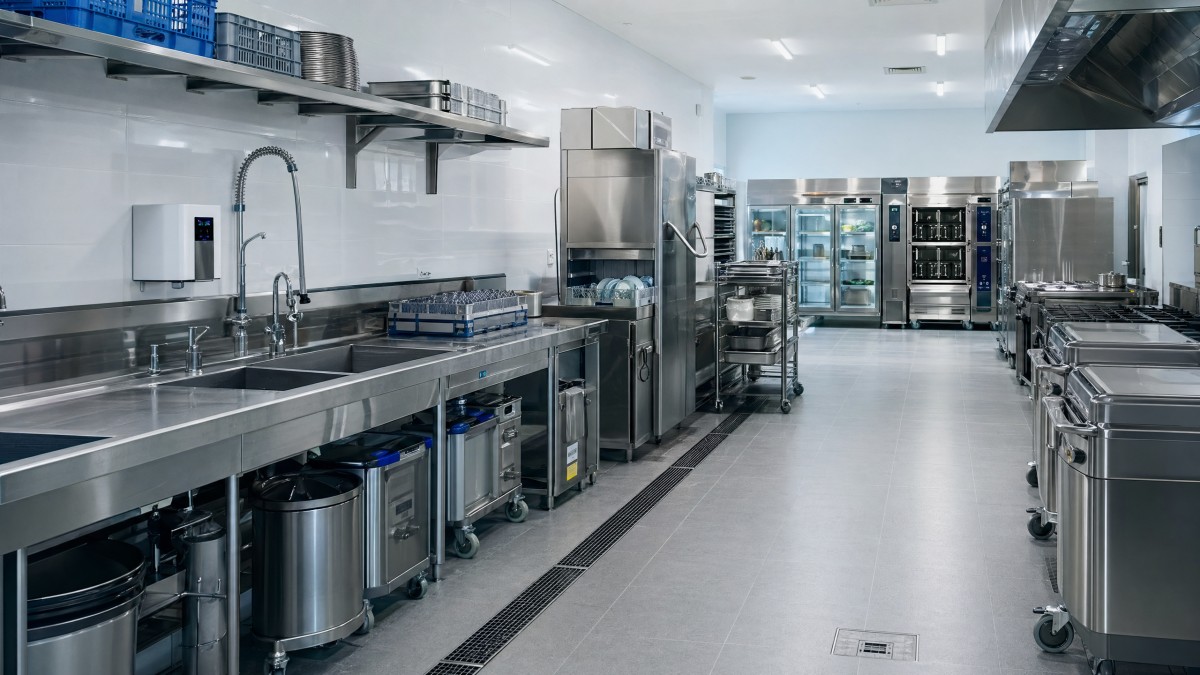 Catering kitchen design that speeds up loading and cleanup
