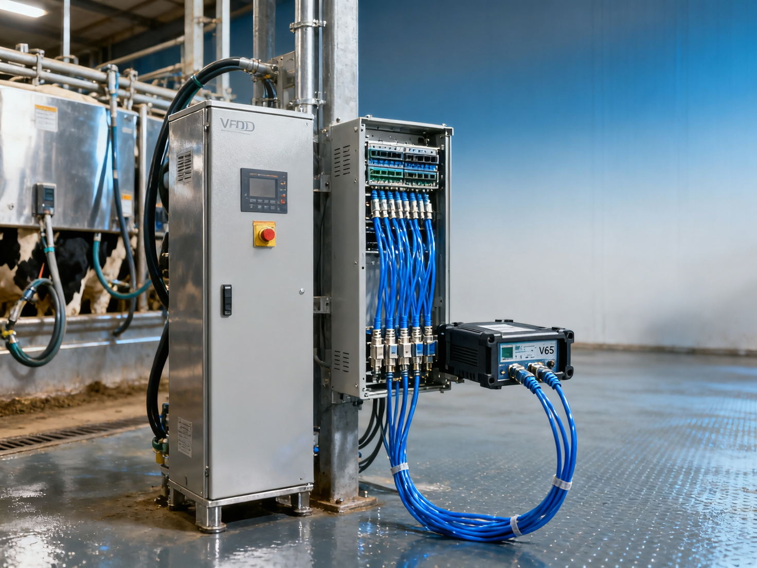 Fiber optic equipment installed in dairy farms shows unexpected signal loss near milking parlor VFDs